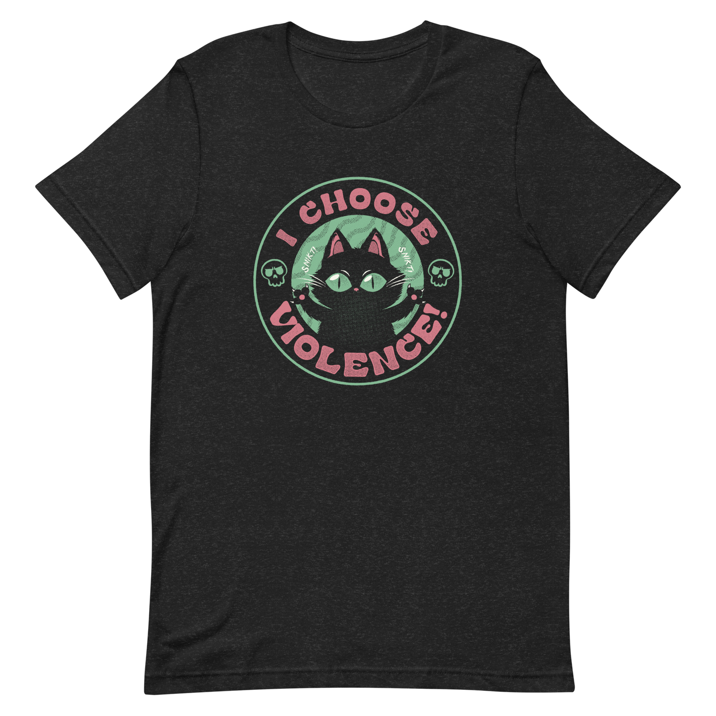 The image features a black cartoon-like cat with large, bright eyes and pointed ears, with a defiant look on its face. The cat is centered within a circular border. Surrounding the cat, the text reads 'I CHOOSE VIOLENCE!' in bold, playful font. There are also small skull illustrations flanking the cat on either side, adding a dark yet humorous tone to the design.