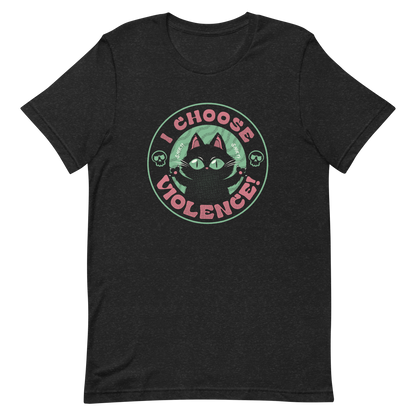 The image features a black cartoon-like cat with large, bright eyes and pointed ears, with a defiant look on its face. The cat is centered within a circular border. Surrounding the cat, the text reads 'I CHOOSE VIOLENCE!' in bold, playful font. There are also small skull illustrations flanking the cat on either side, adding a dark yet humorous tone to the design.