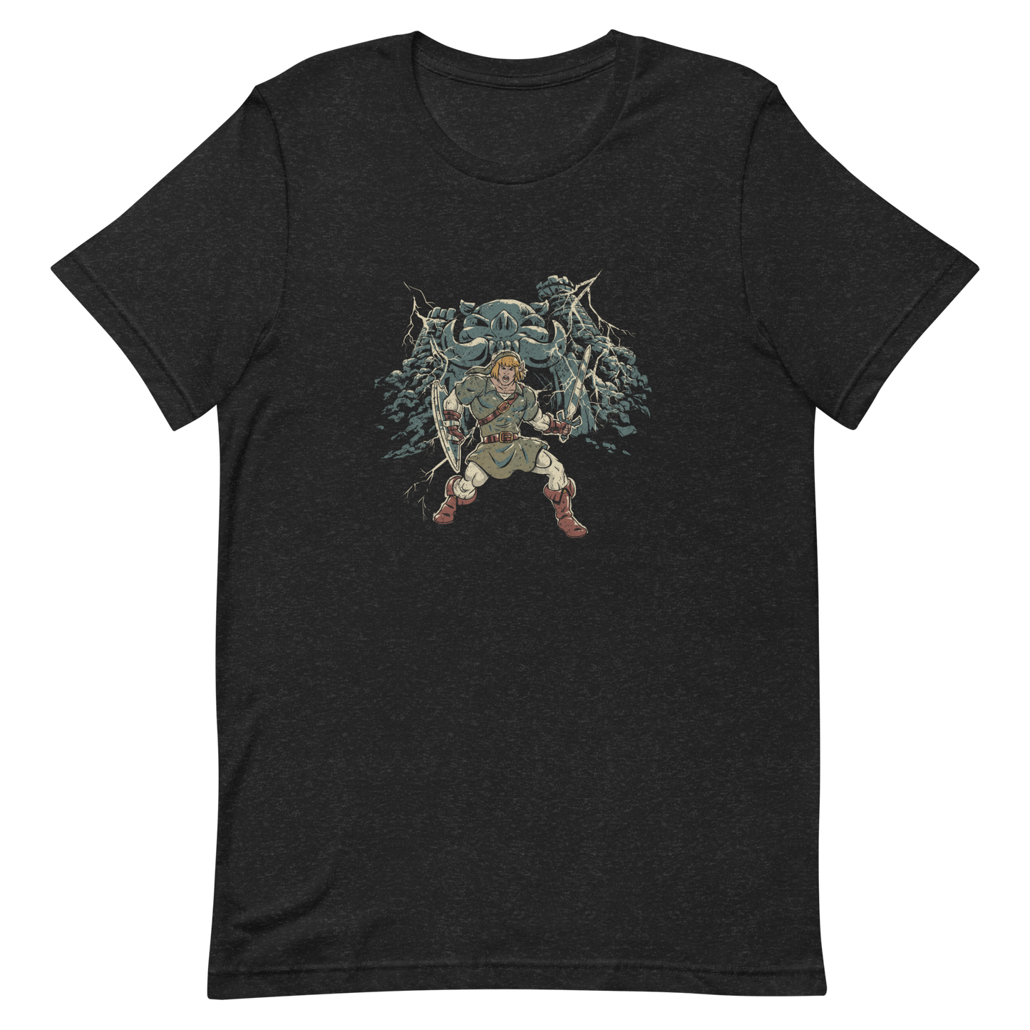 A fierce warrior stands with sword and shield, lightning cracking behind him as he screams in defiance — mixing classic fantasy aesthetics with retro game frustration.