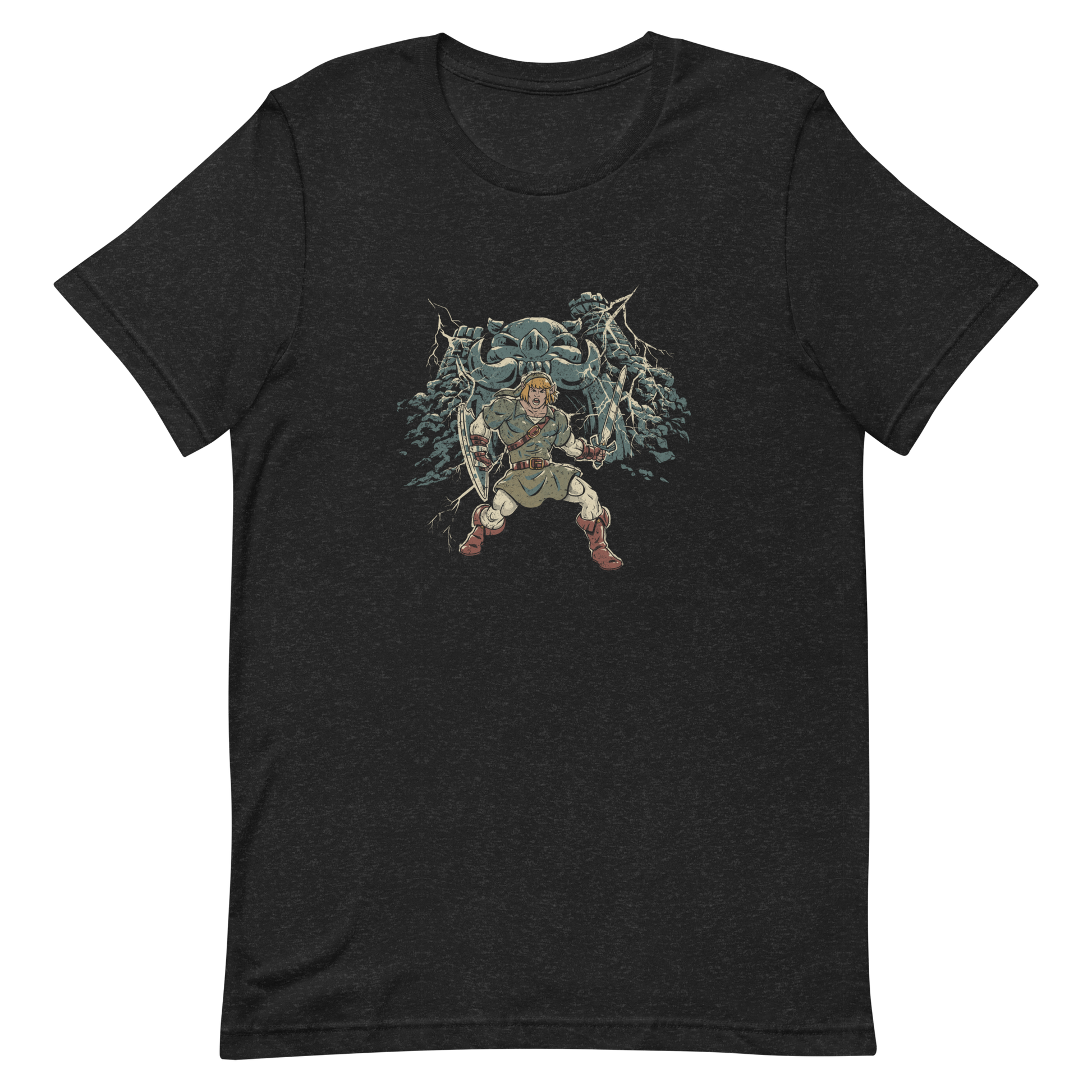 A fierce warrior stands with sword and shield, lightning cracking behind him as he screams in defiance — mixing classic fantasy aesthetics with retro game frustration.