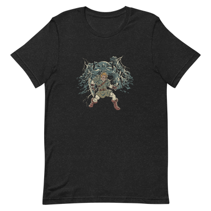 A fierce warrior stands with sword and shield, lightning cracking behind him as he screams in defiance — mixing classic fantasy aesthetics with retro game frustration.