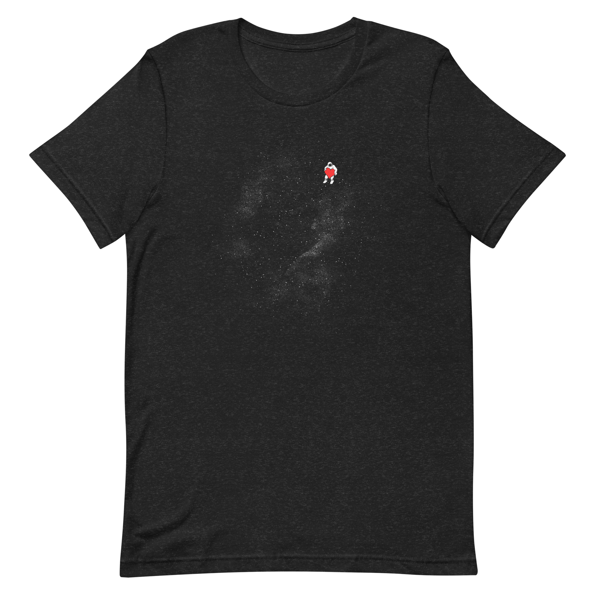 The image depicts a lone astronaut floating in outer space, seemingly sitting on nothing while holding a large, bright red heart. The background is a starry expanse of black, suggesting the vastness and cold emptiness of space. The stark contrast between the dark space and the vibrant heart symbolizes love and loneliness in the cosmos.