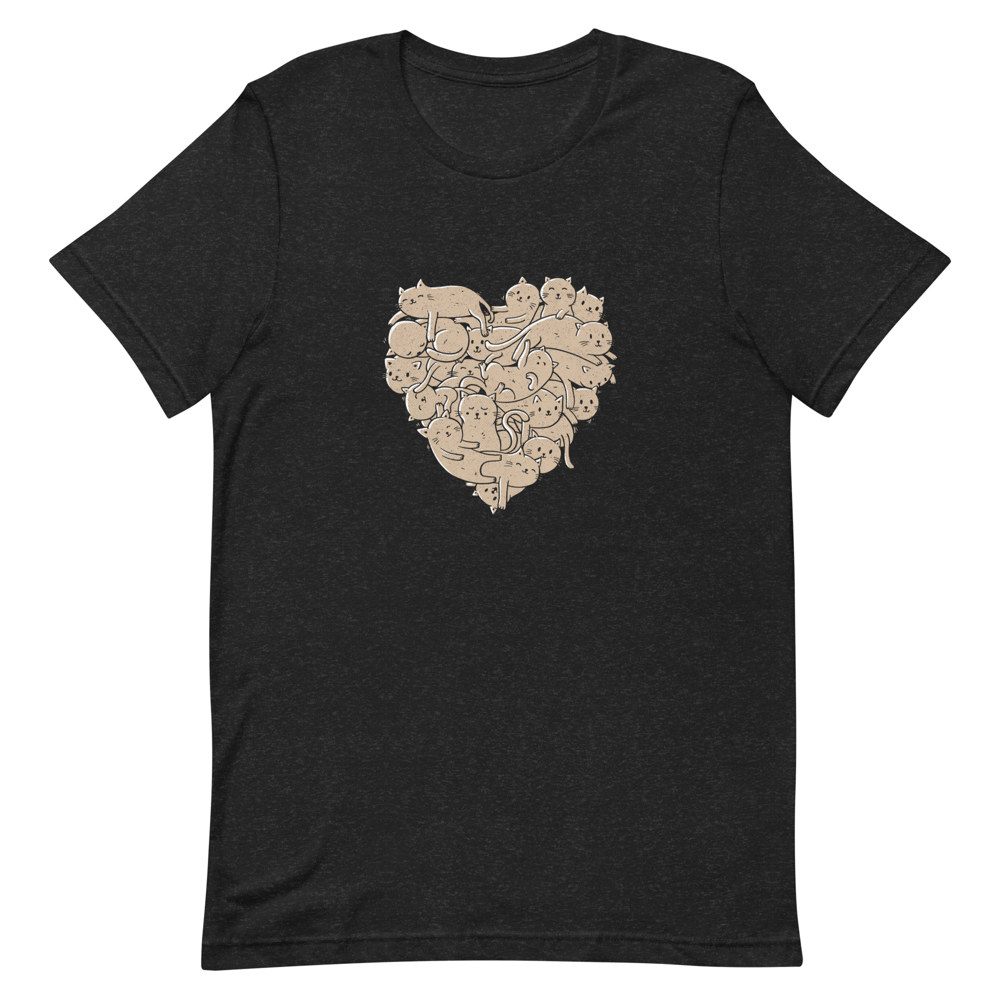 The image showcases an anatomical heart shape filled with numerous small, simple, and cute cartoon-like cat illustrations in a light brown tone. The overall style is whimsical and playful, combining elements of illustration and pop culture art.