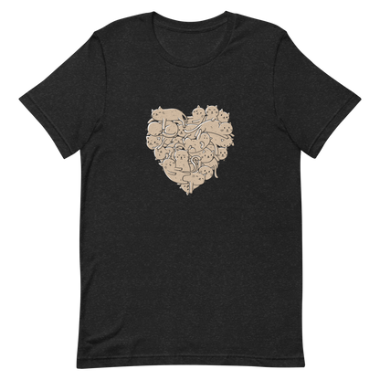 The image showcases an anatomical heart shape filled with numerous small, simple, and cute cartoon-like cat illustrations in a light brown tone. The overall style is whimsical and playful, combining elements of illustration and pop culture art.