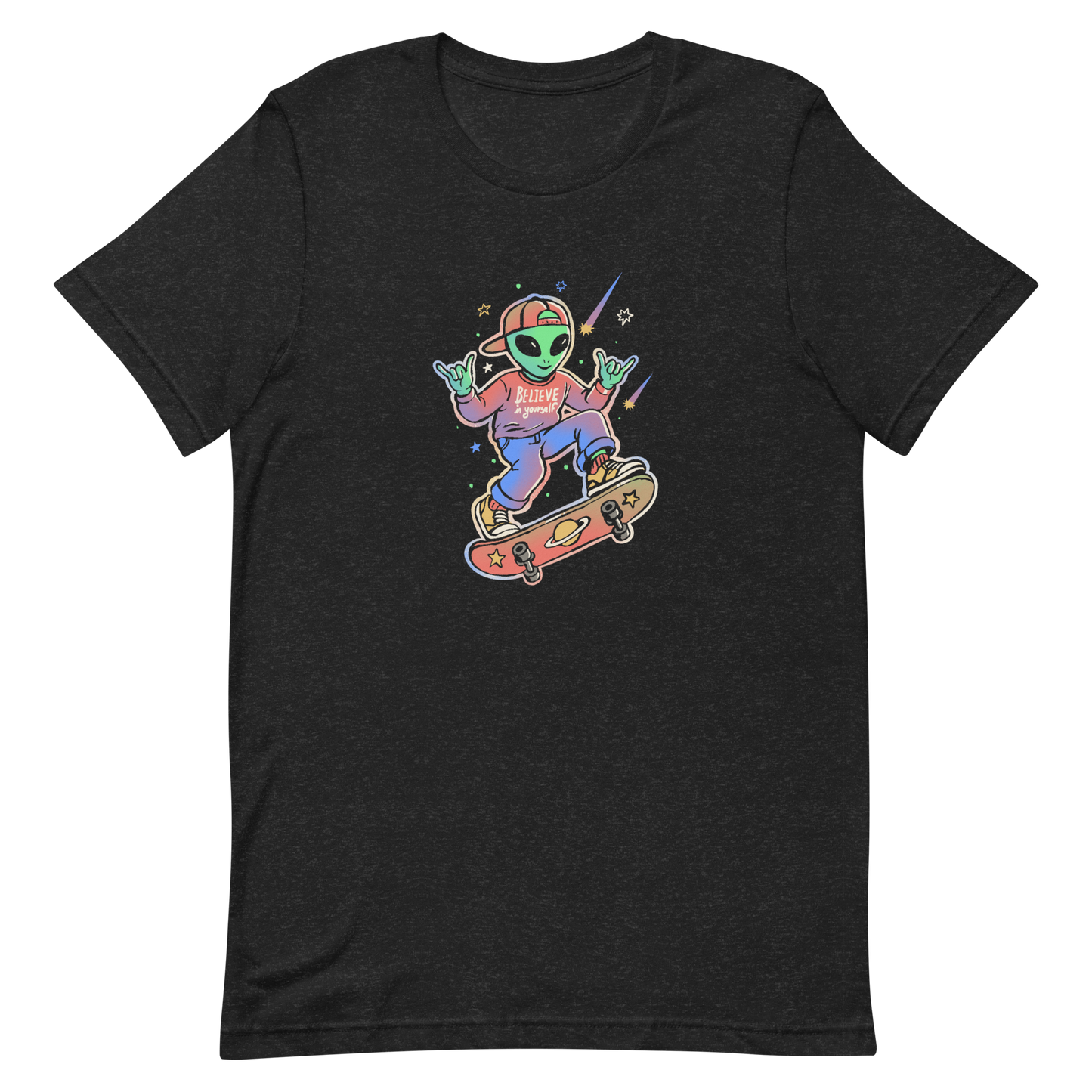 A stylish alien rides a cosmic skateboard, wearing a sweatshirt that says "Believe in Yourself". The artwork blends humor, urban culture, and a space-themed feel with vibrant colors. Ideal for alien fans, skateboard lovers, and anyone who enjoys creative prints with a positive message.