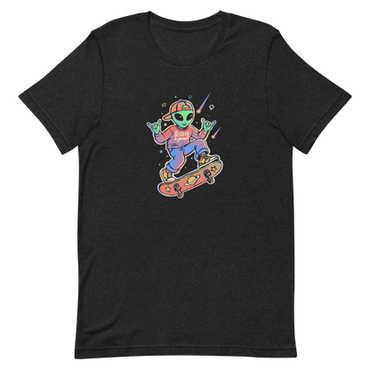 A stylish alien rides a cosmic skateboard, wearing a sweatshirt that says "Believe in Yourself". The artwork blends humor, urban culture, and a space-themed feel with vibrant colors. Ideal for alien fans, skateboard lovers, and anyone who enjoys creative prints with a positive message.