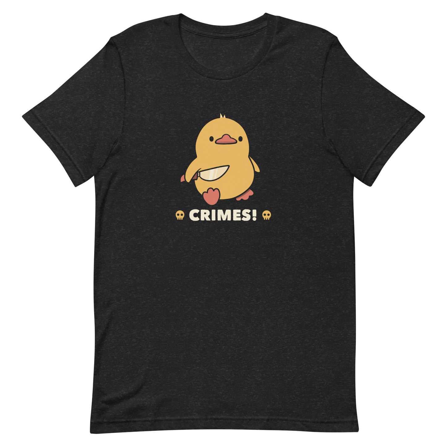 A cute yellow duck holding a small knife, with the text "Crimes" below it. This artwork blends humor with the ducks' temperament.