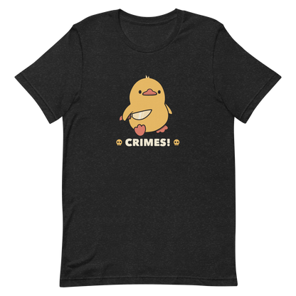 A cute yellow duck holding a small knife, with the text "Crimes" below it. This artwork blends humor with the ducks' temperament.