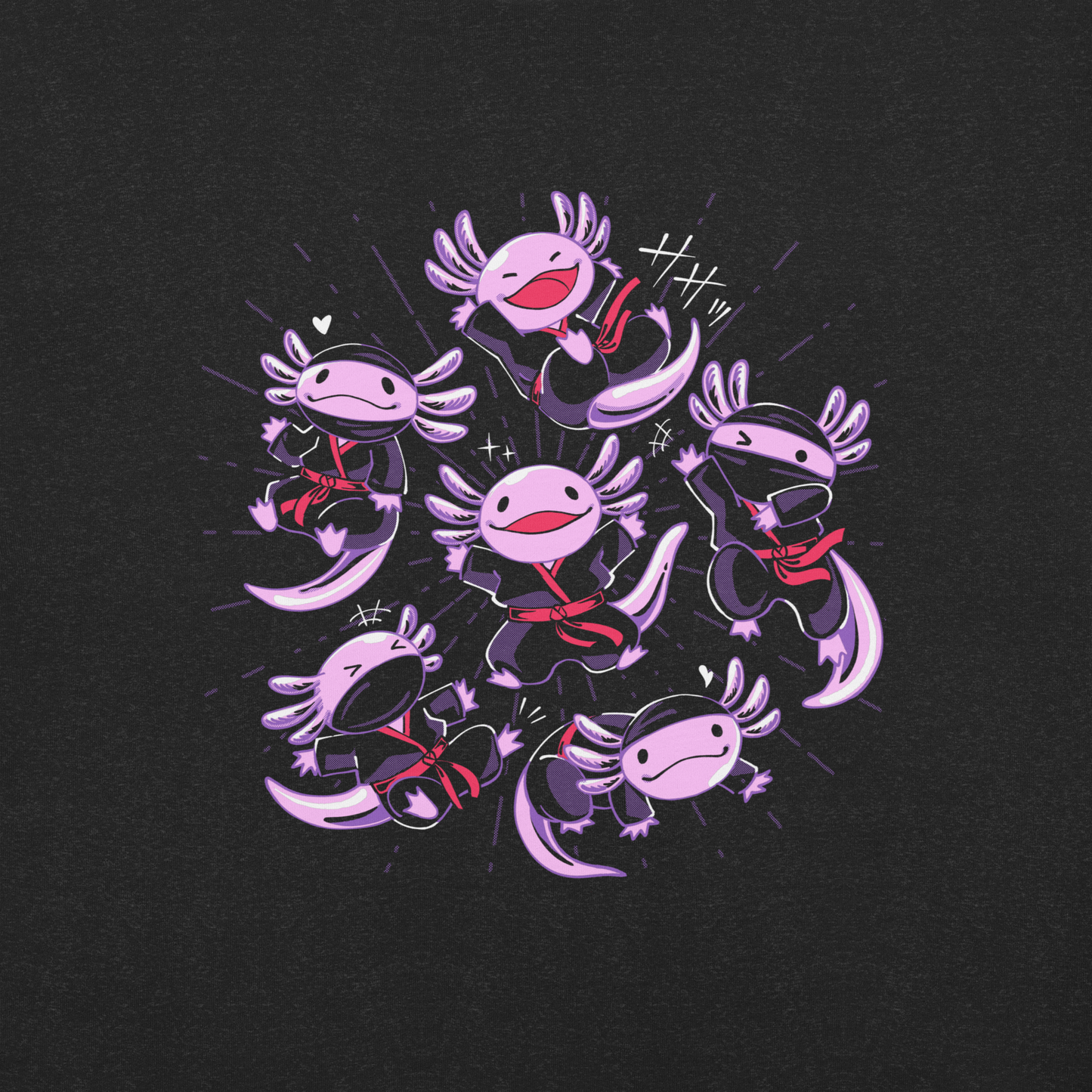 Several axolotls dressed as ninjas, each in different, energetic poses. This design combines cuteness and martial arts in a fun and unique scene. Ideal for axolotl fans, Japanese culture lovers, and those who enjoy fun and original prints.