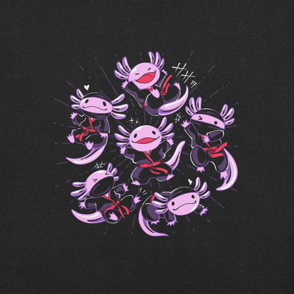 Several axolotls dressed as ninjas, each in different, energetic poses. This design combines cuteness and martial arts in a fun and unique scene. Ideal for axolotl fans, Japanese culture lovers, and those who enjoy fun and original prints.