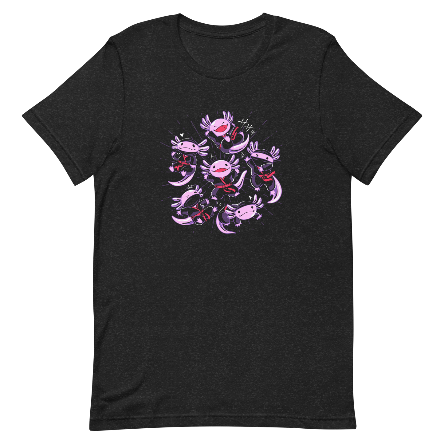 Several axolotls dressed as ninjas, each in different, energetic poses. This design combines cuteness and martial arts in a fun and unique scene. Ideal for axolotl fans, Japanese culture lovers, and those who enjoy fun and original prints.