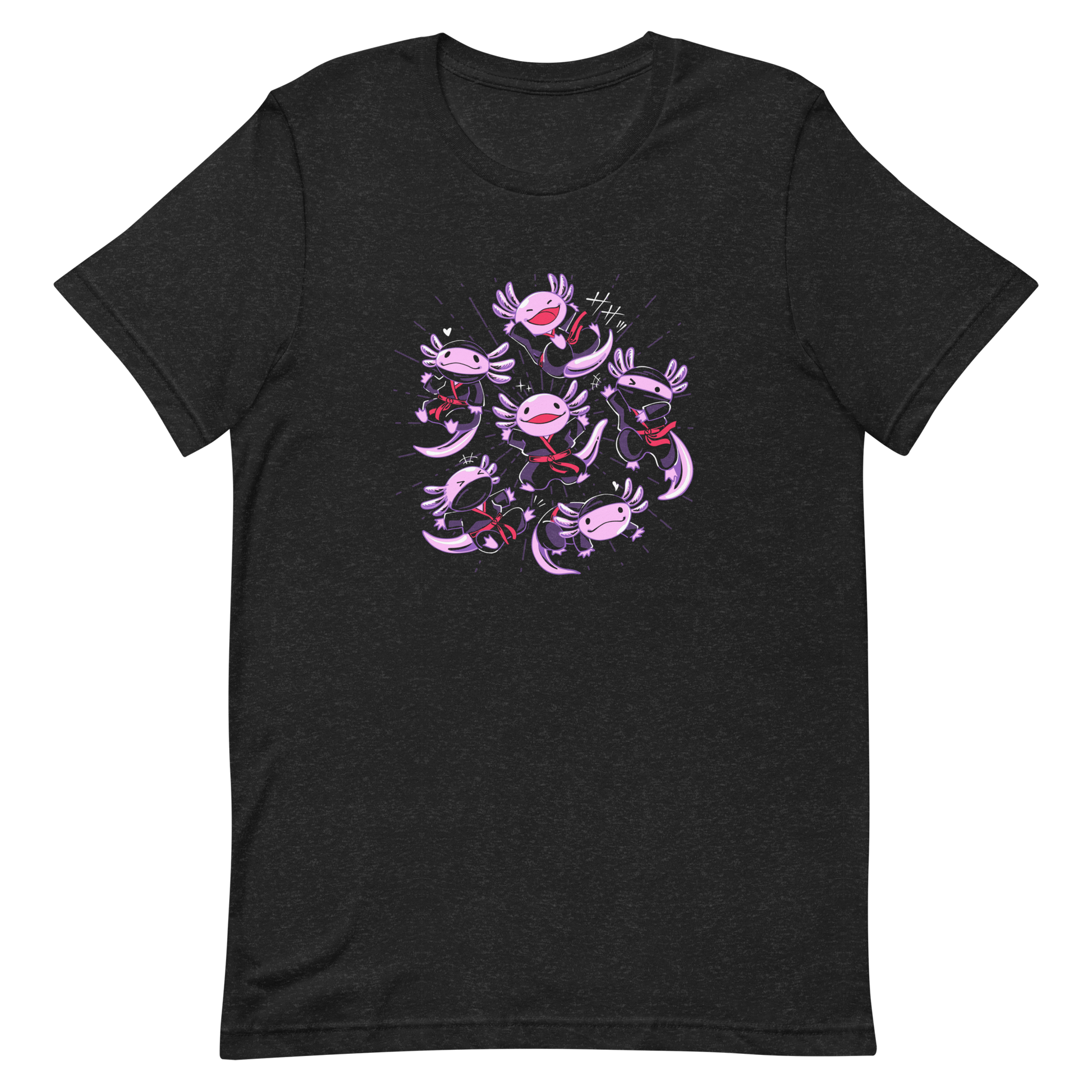 Several axolotls dressed as ninjas, each in different, energetic poses. This design combines cuteness and martial arts in a fun and unique scene. Ideal for axolotl fans, Japanese culture lovers, and those who enjoy fun and original prints.