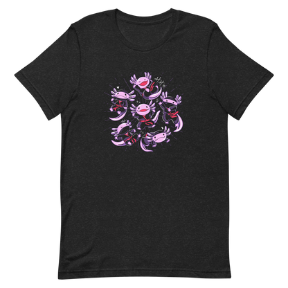 Several axolotls dressed as ninjas, each in different, energetic poses. This design combines cuteness and martial arts in a fun and unique scene. Ideal for axolotl fans, Japanese culture lovers, and those who enjoy fun and original prints.