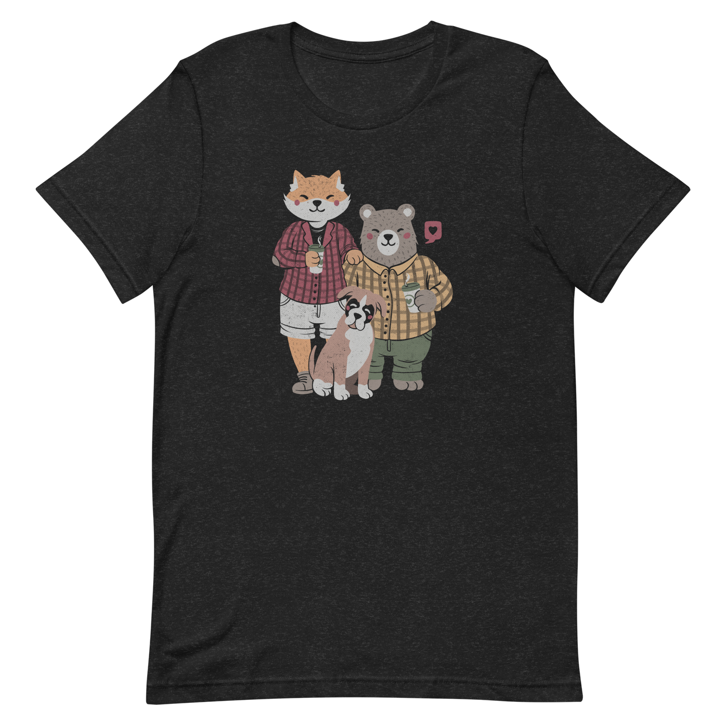 A beautiful family made up of a little red fox, a gray bear wearing plaid shirts and having a coffee with their boxer dog. An art that shows that families can be different what matters is love.

