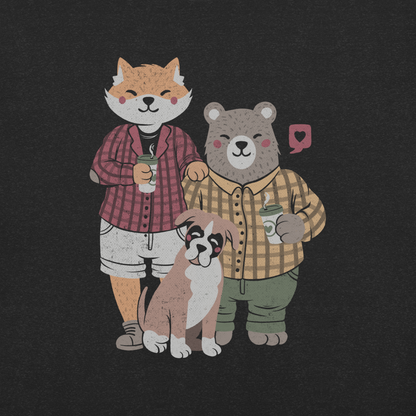 A beautiful family made up of a little red fox, a gray bear wearing plaid shirts and having a coffee with their boxer dog. An art that shows that families can be different what matters is love.

