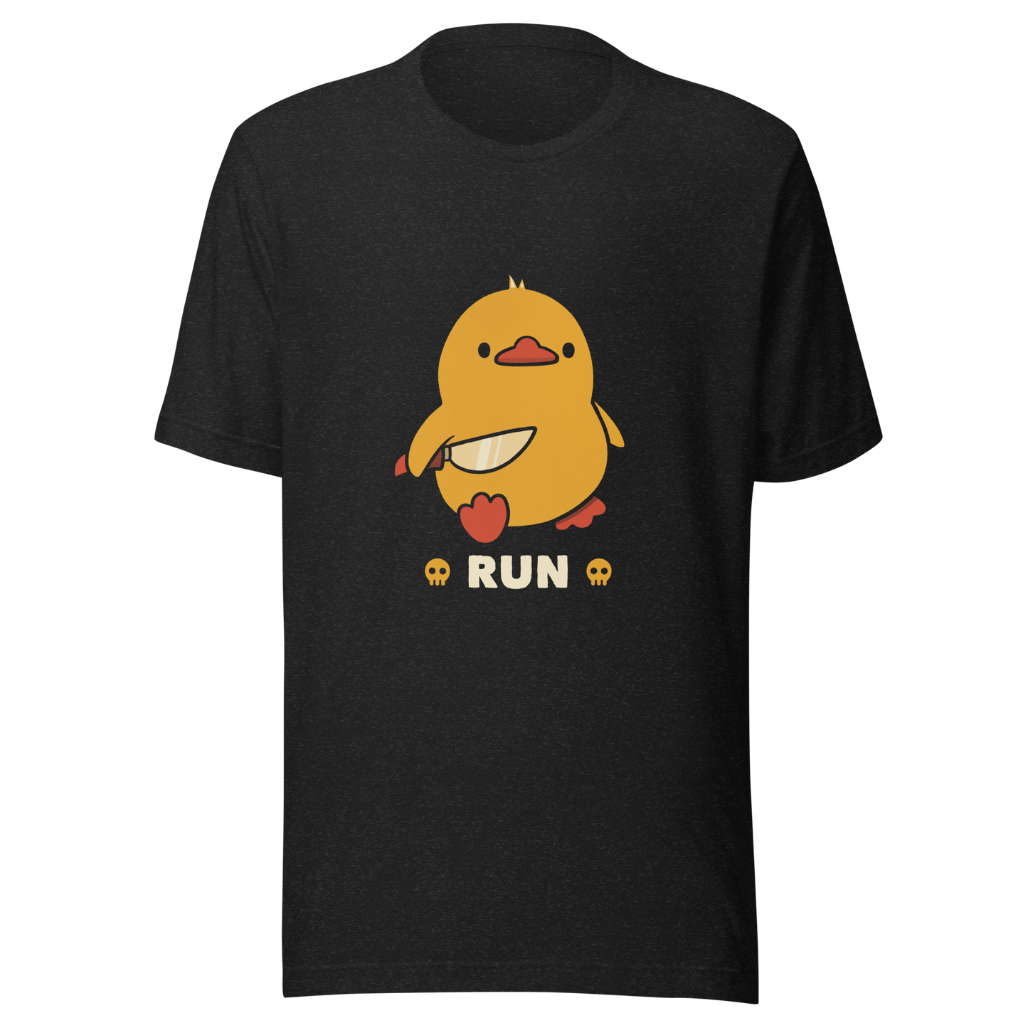 A cute yellow duck holding a small knife, with the text "Run" below it. This artwork blends humor with the ducks temperament.