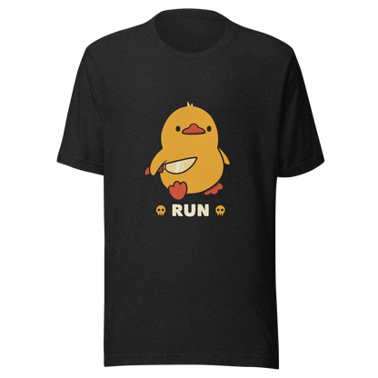 A cute yellow duck holding a small knife, with the text "Run" below it. This artwork blends humor with the ducks temperament.