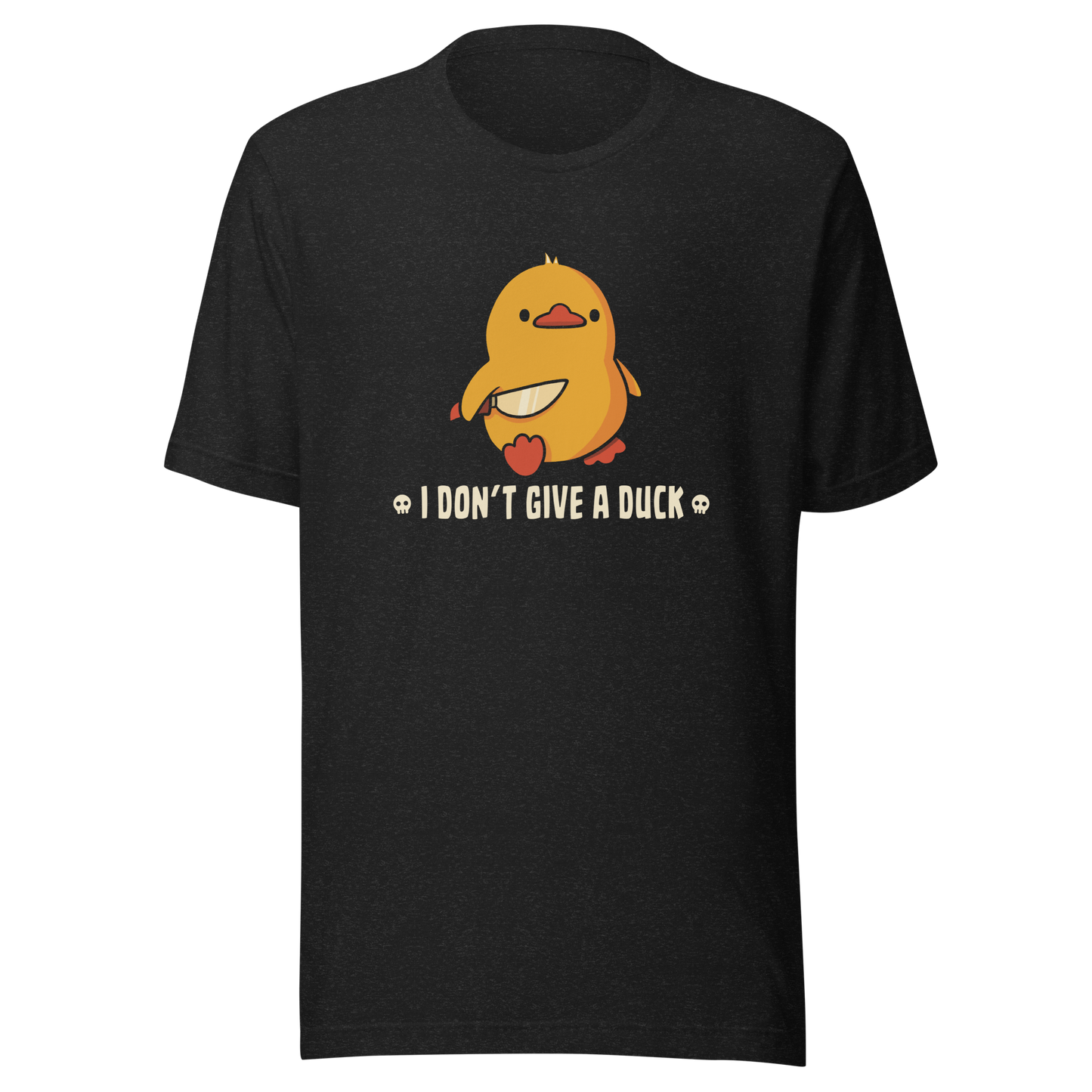 A cute yellow duck holding a small knife, around it the text "I Don't Give a Duck". An art that mixes humor with the temperament of ducks.