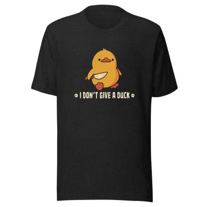 A cute yellow duck holding a small knife, around it the text "I Don't Give a Duck". An art that mixes humor with the temperament of ducks.