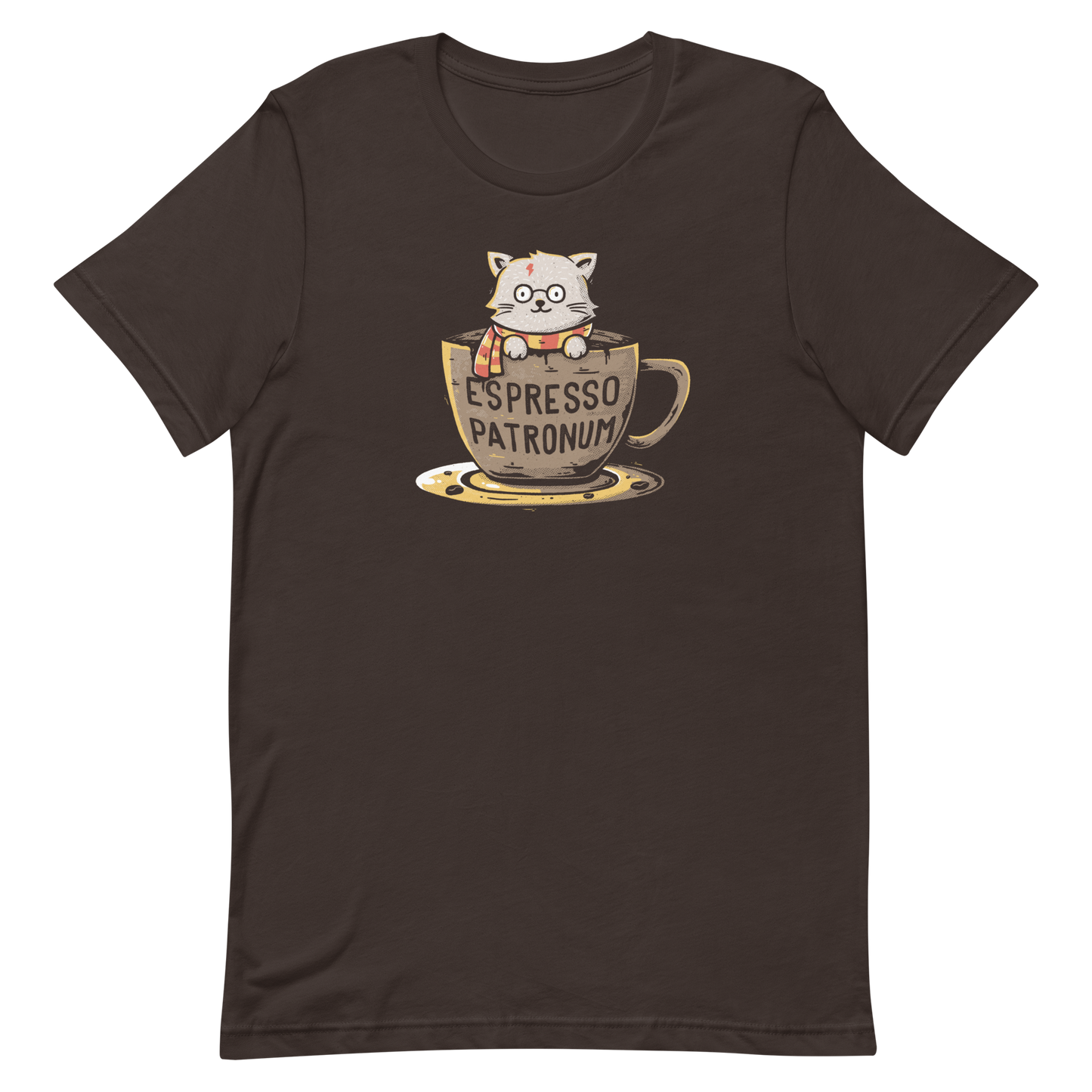 This design features an adorable cartoon cat with glasses and a lightning-shaped scar, wearing a striped scarf, sitting inside a large coffee cup. The cup has the humorous phrase 'Espresso Patronum' printed on it. The overall style is whimsical and playful, blending cute and nerdy elements. The cat appears to be a parody of a popular fictional character associated with magic and wizardry.