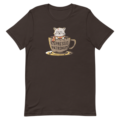This design features an adorable cartoon cat with glasses and a lightning-shaped scar, wearing a striped scarf, sitting inside a large coffee cup. The cup has the humorous phrase 'Espresso Patronum' printed on it. The overall style is whimsical and playful, blending cute and nerdy elements. The cat appears to be a parody of a popular fictional character associated with magic and wizardry.