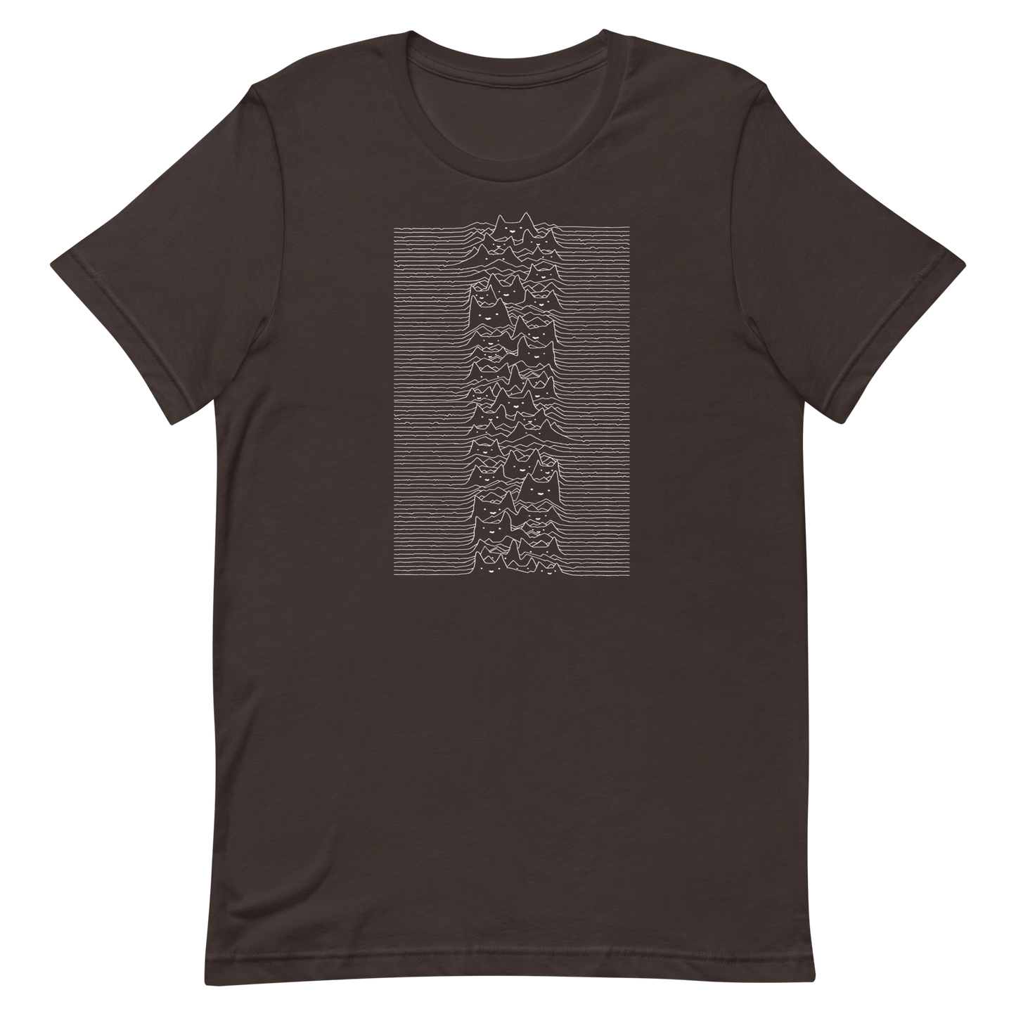 The drawing is a series of continuous wavy lines forming a pattern reminiscent of sound waves or topographic maps, but with an unexpected twist: the lines create the shapes of numerous cat faces stacked vertically. Each cat has simple, expressive features with pointed ears, adding a whimsical element to the otherwise structured pattern.