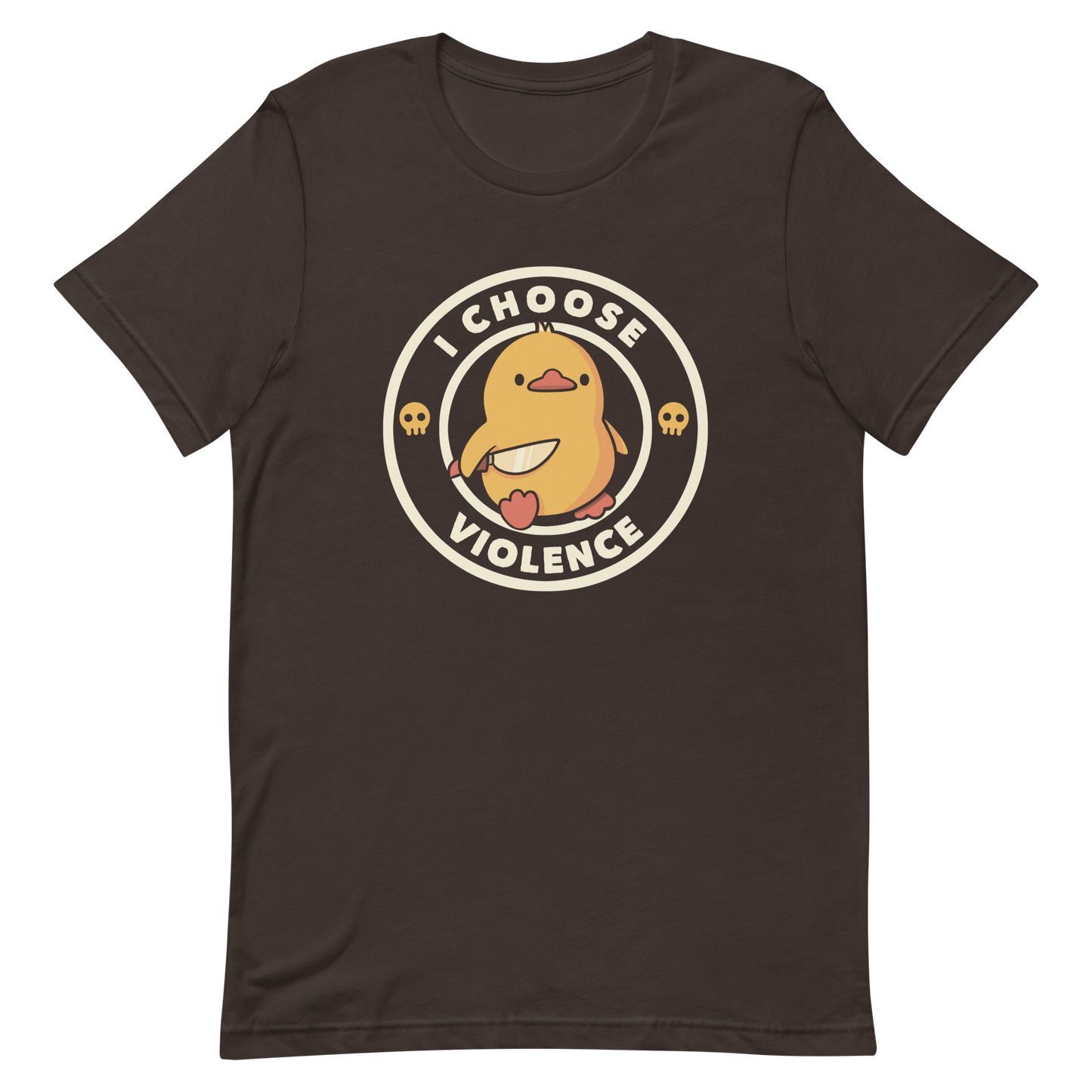 A cute, cartoon-style yellow duckling stands confidently holding a large knife in its wing. The duckling is encircled by text saying 'I CHOOSE VIOLENCE' in bold white letters. Small skull symbols flank the chick on either side, adding a touch of humor and irony to the otherwise adorable drawing.