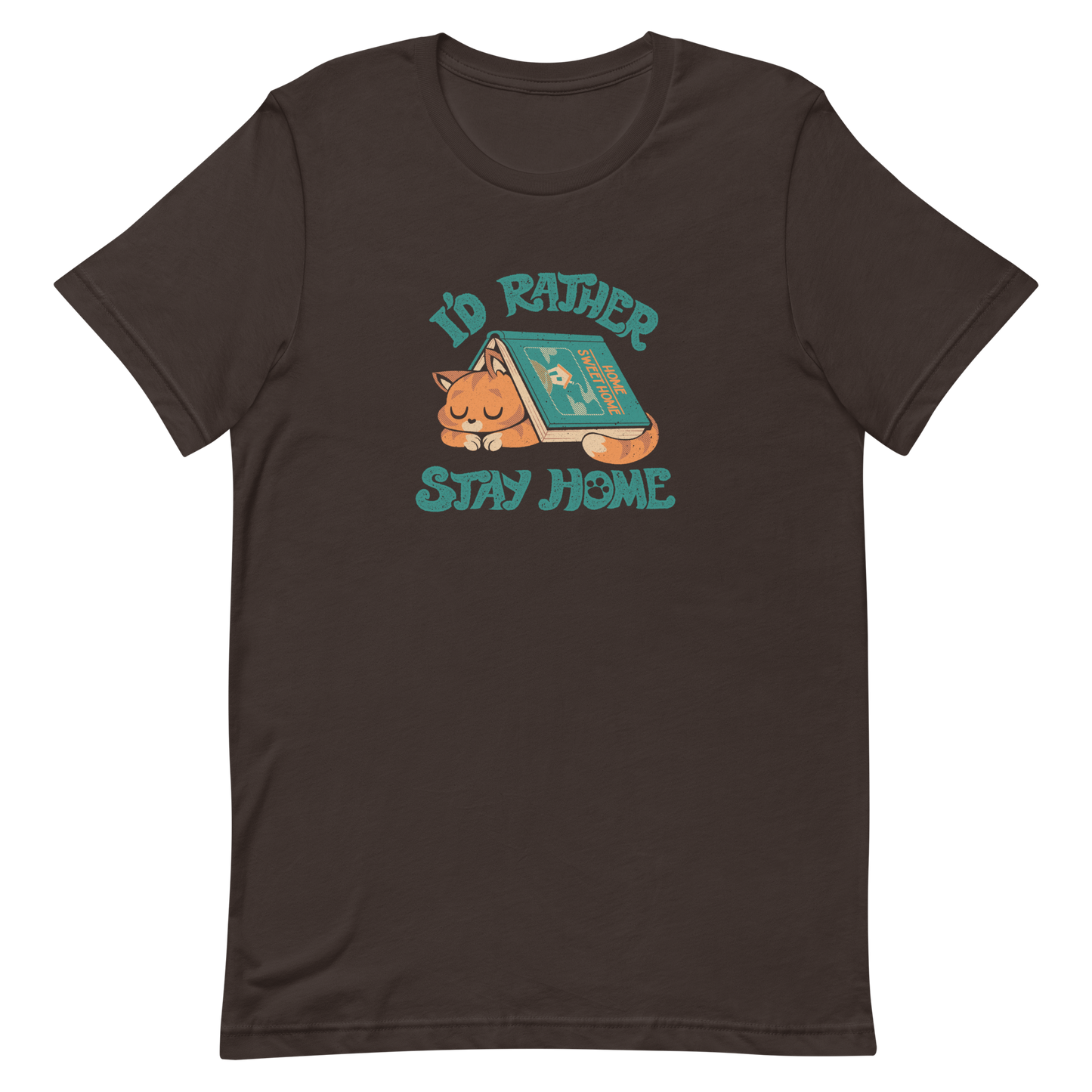 Sleeping orange cat under a book labeled 'Home Sweet Home' with the motto 'I'D RATHER STAY HOME'.