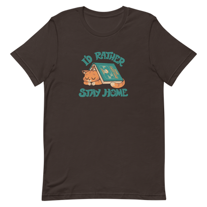 Sleeping orange cat under a book labeled 'Home Sweet Home' with the motto 'I'D RATHER STAY HOME'.