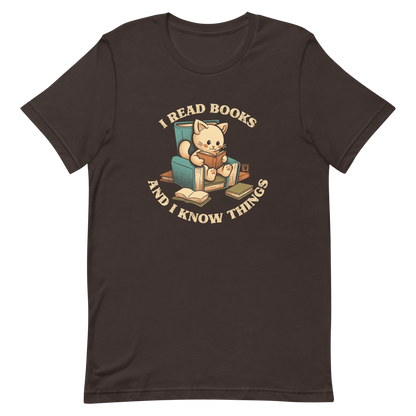 An adorable cat is sitting on a stack of books encircled by the sentence "I READ BOOKS AND I KNOW THINGS". Perfect for book lovers, this design combines wit and cuteness, making it a great choice for those who love reading and cats.