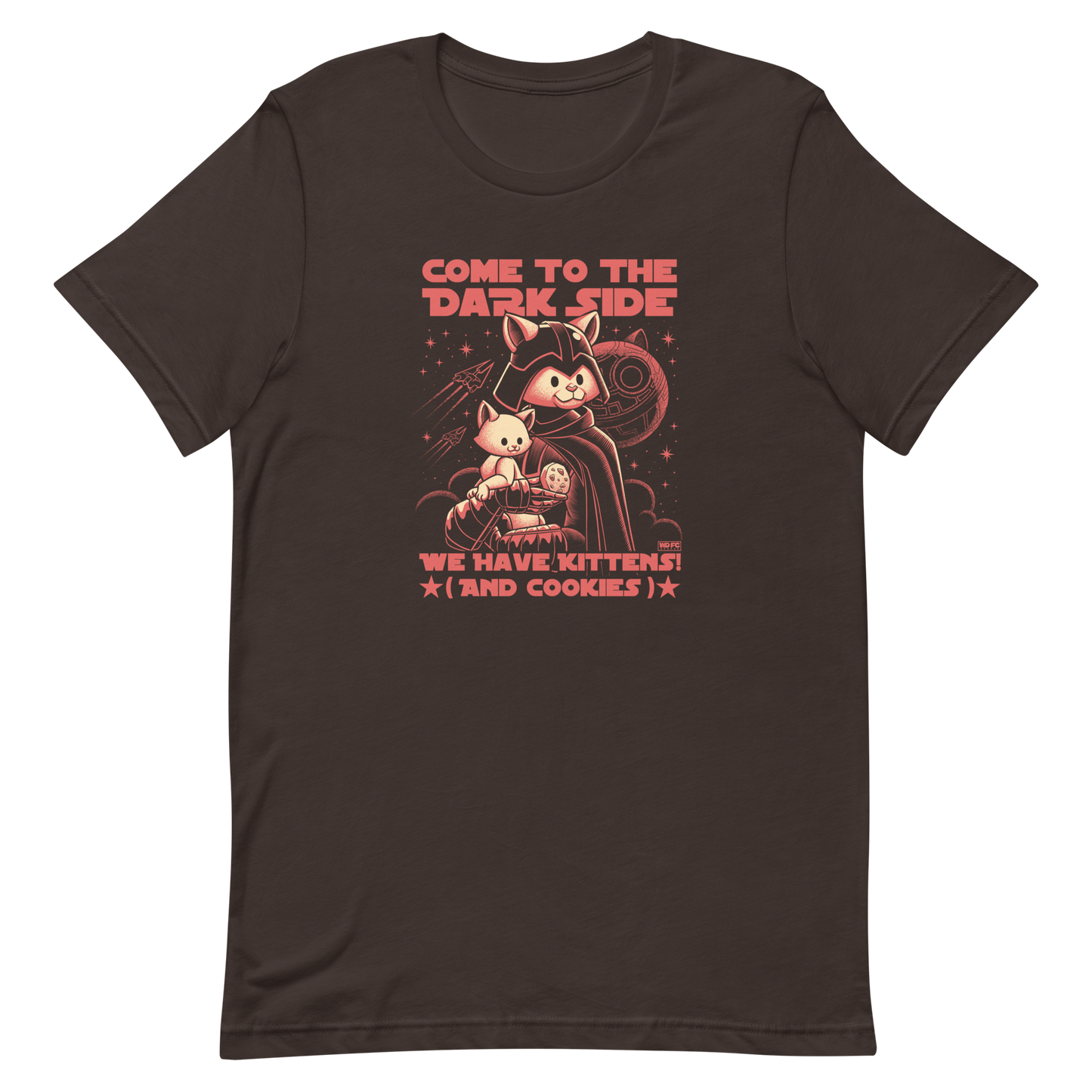 This fun and nerdy design, encircled by the phrase 'COME TO THE DARK SIDE, WE  HAVE KITTENS AND COOKIES', features a feline twist on sci-fi villains, perfect for cat lovers, space fans, and cookie enthusiasts.