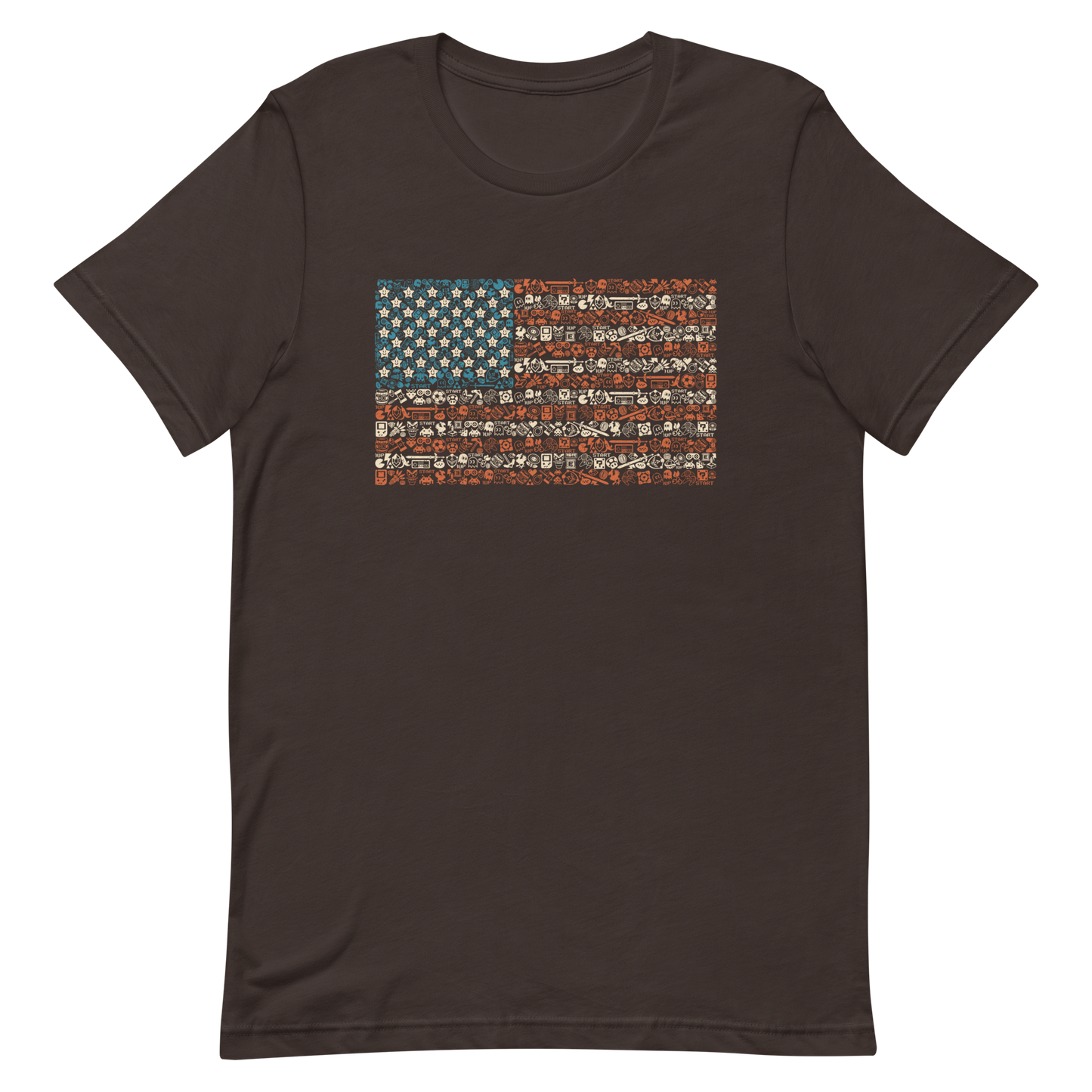 American flag illustration made entirely of retro video game icons, controllers, characters, and symbols in blue, red, and beige, arranged to form the stars and stripes.