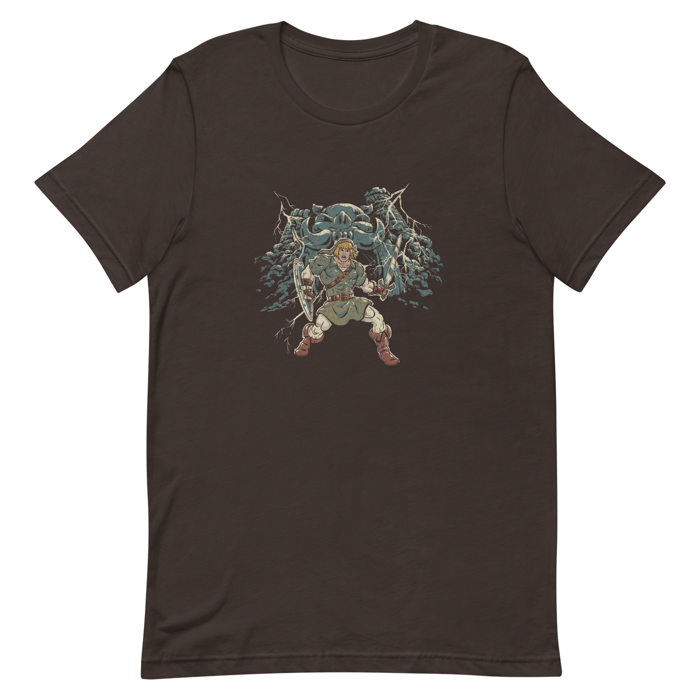 A fierce warrior stands with sword and shield, lightning cracking behind him as he screams in defiance — mixing classic fantasy aesthetics with retro game frustration.