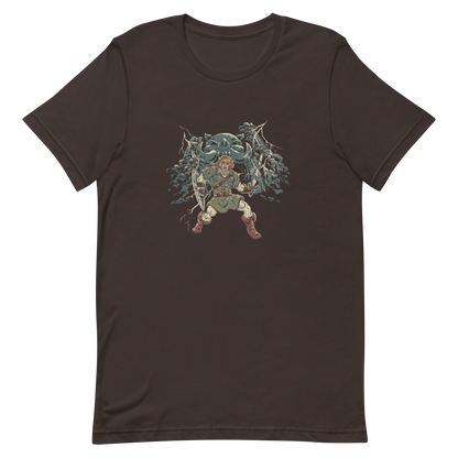 A fierce warrior stands with sword and shield, lightning cracking behind him as he screams in defiance — mixing classic fantasy aesthetics with retro game frustration.