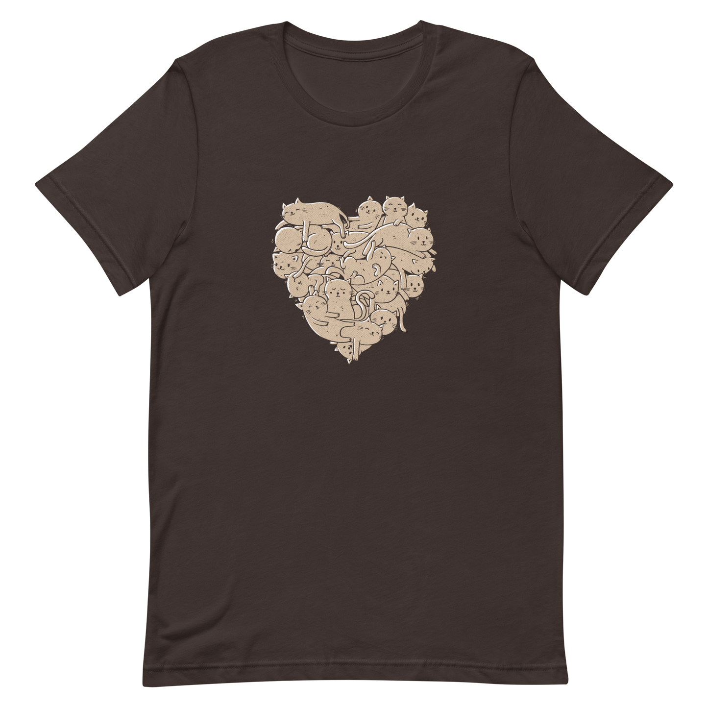 The image showcases an anatomical heart shape filled with numerous small, simple, and cute cartoon-like cat illustrations in a light brown tone. The overall style is whimsical and playful, combining elements of illustration and pop culture art.