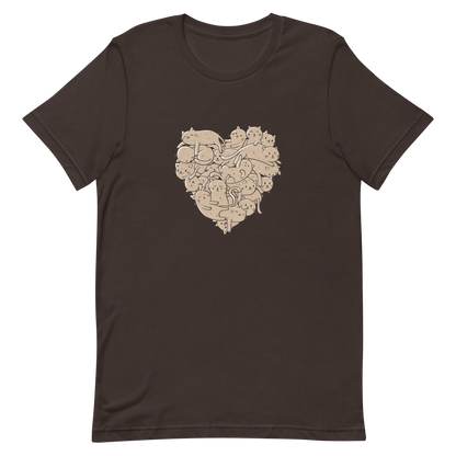 The image showcases an anatomical heart shape filled with numerous small, simple, and cute cartoon-like cat illustrations in a light brown tone. The overall style is whimsical and playful, combining elements of illustration and pop culture art.
