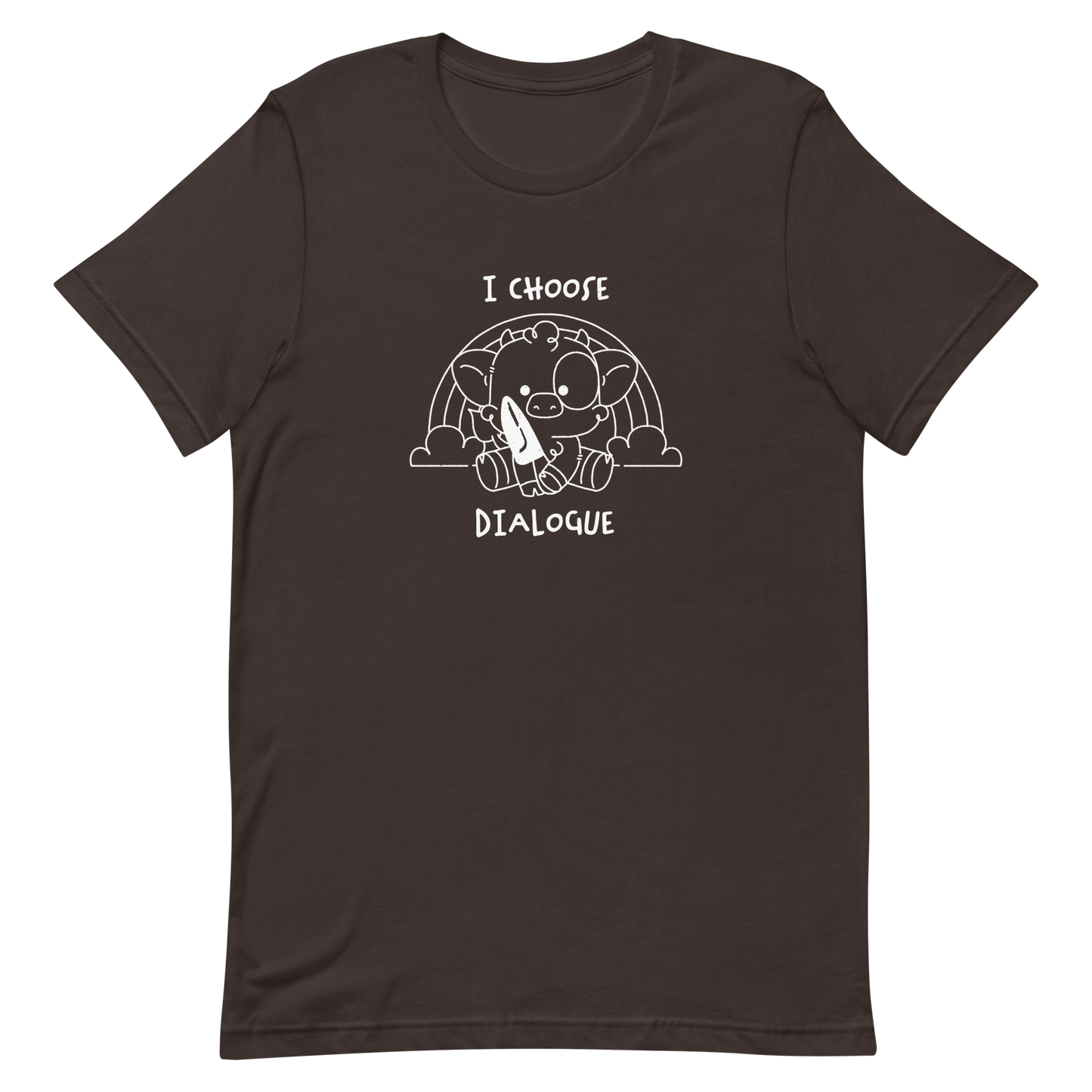 An adorable cow holds a knife while sitting in front of a rainbow, accompanied by the phrase “I Choose Dialogue.” This design combines sweetness and irony to create a fun and unexpected contrast. It’s a great gift for those who enjoy subtle humor and designs that combine cuteness with a touch of irreverence.