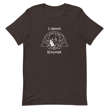 An adorable cow holds a knife while sitting in front of a rainbow, accompanied by the phrase “I Choose Dialogue.” This design combines sweetness and irony to create a fun and unexpected contrast. It’s a great gift for those who enjoy subtle humor and designs that combine cuteness with a touch of irreverence.