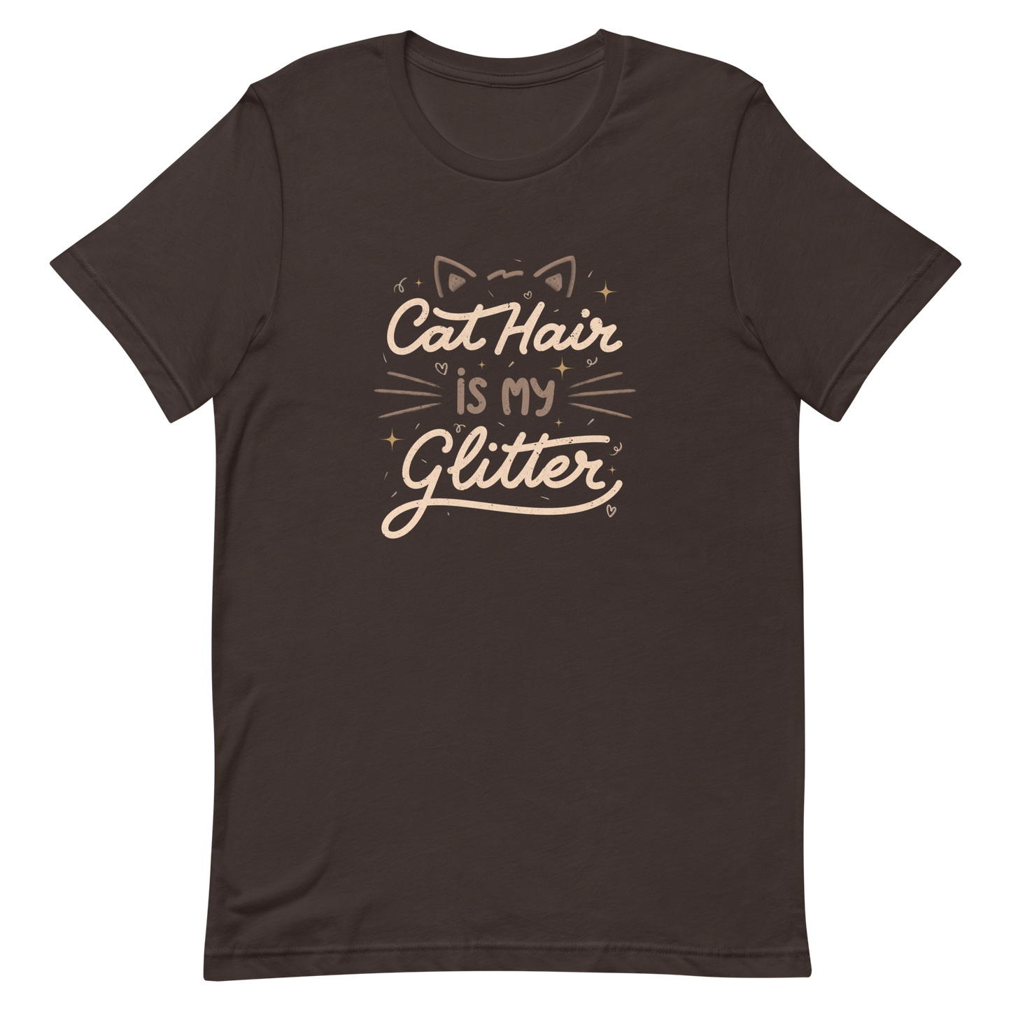 This artwork features fun lettering with the phrase "Cat Hair is My Glitter," accompanied by cat ears, hearts, and gold glitter. It humorously celebrates the lives of those who live with cats and have grown accustomed to having fur everywhere. Ideal for feline lovers who wear their furry coats as if they were real glitter.