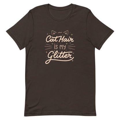 This artwork features fun lettering with the phrase "Cat Hair is My Glitter," accompanied by cat ears, hearts, and gold glitter. It humorously celebrates the lives of those who live with cats and have grown accustomed to having fur everywhere. Ideal for feline lovers who wear their furry coats as if they were real glitter.