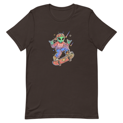 A stylish alien rides a cosmic skateboard, wearing a sweatshirt that says "Believe in Yourself". The artwork blends humor, urban culture, and a space-themed feel with vibrant colors. Ideal for alien fans, skateboard lovers, and anyone who enjoys creative prints with a positive message.