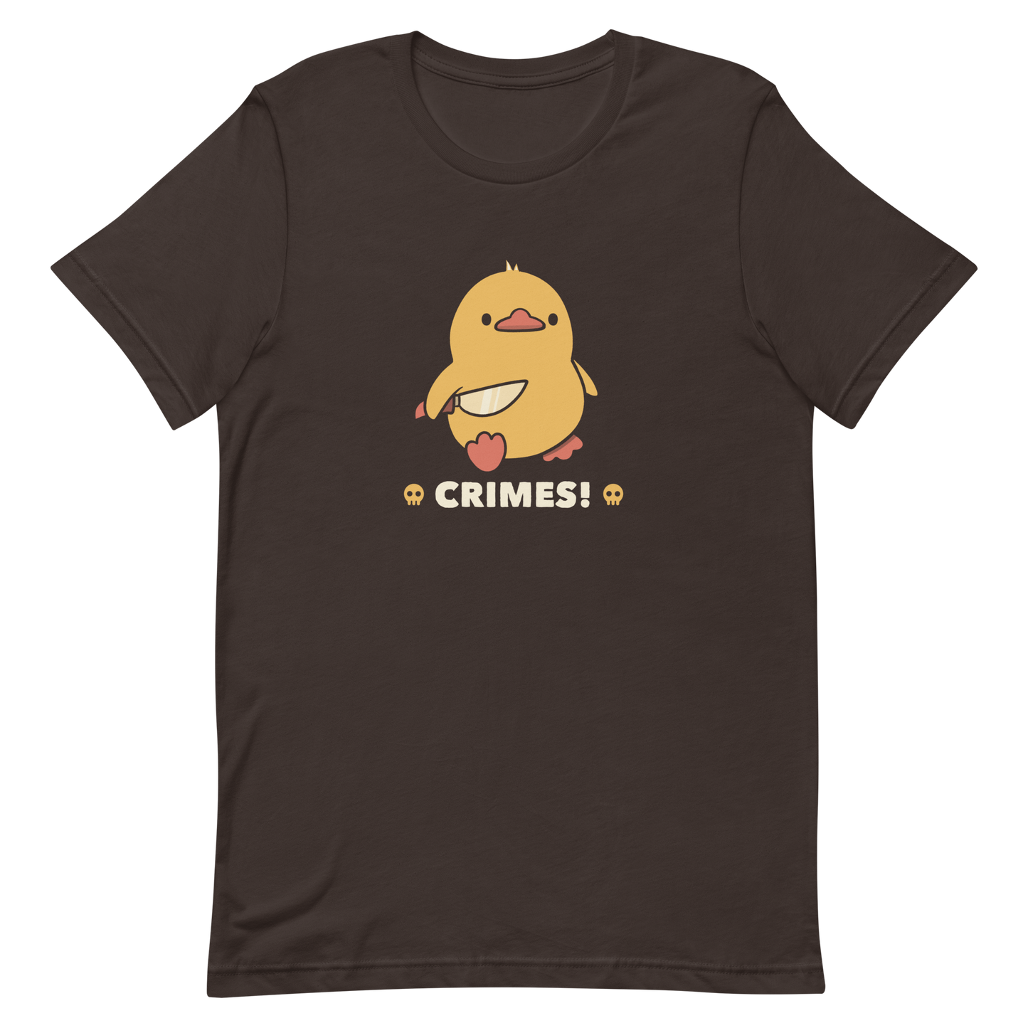 A cute yellow duck holding a small knife, with the text "Crimes" below it. This artwork blends humor with the ducks' temperament.