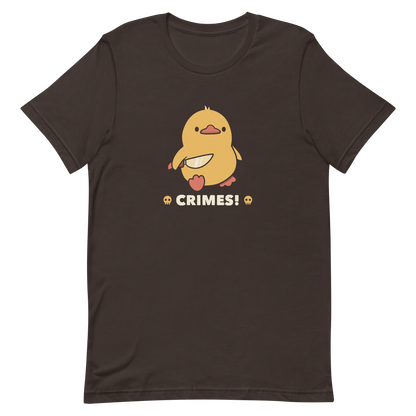 A cute yellow duck holding a small knife, with the text "Crimes" below it. This artwork blends humor with the ducks' temperament.