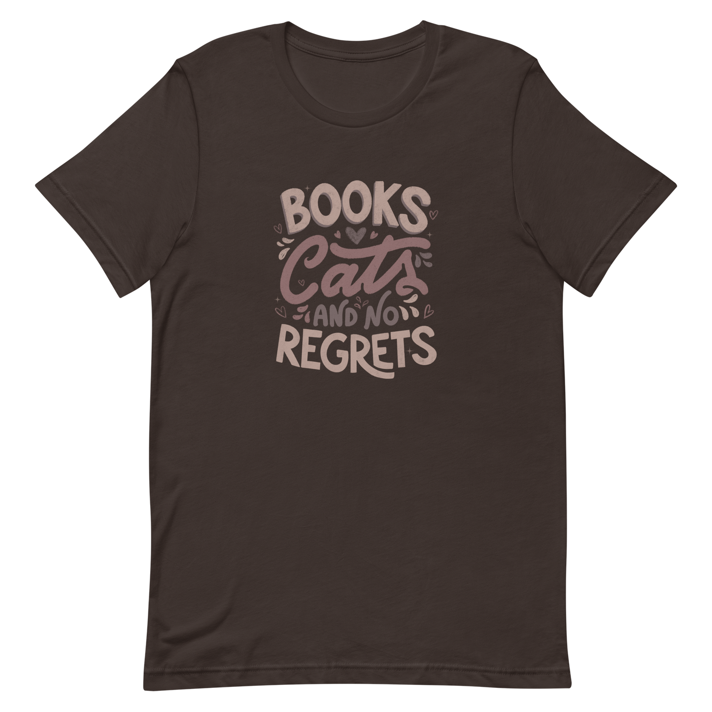A stylish lettering with the phrase "Books, Cats, and No Regrets," decorated with hearts and cute details, conveys the idea that books and cats are all we need for a happy, regret-free life. Perfect for book lovers and cat lovers who enjoy prints full of personality.