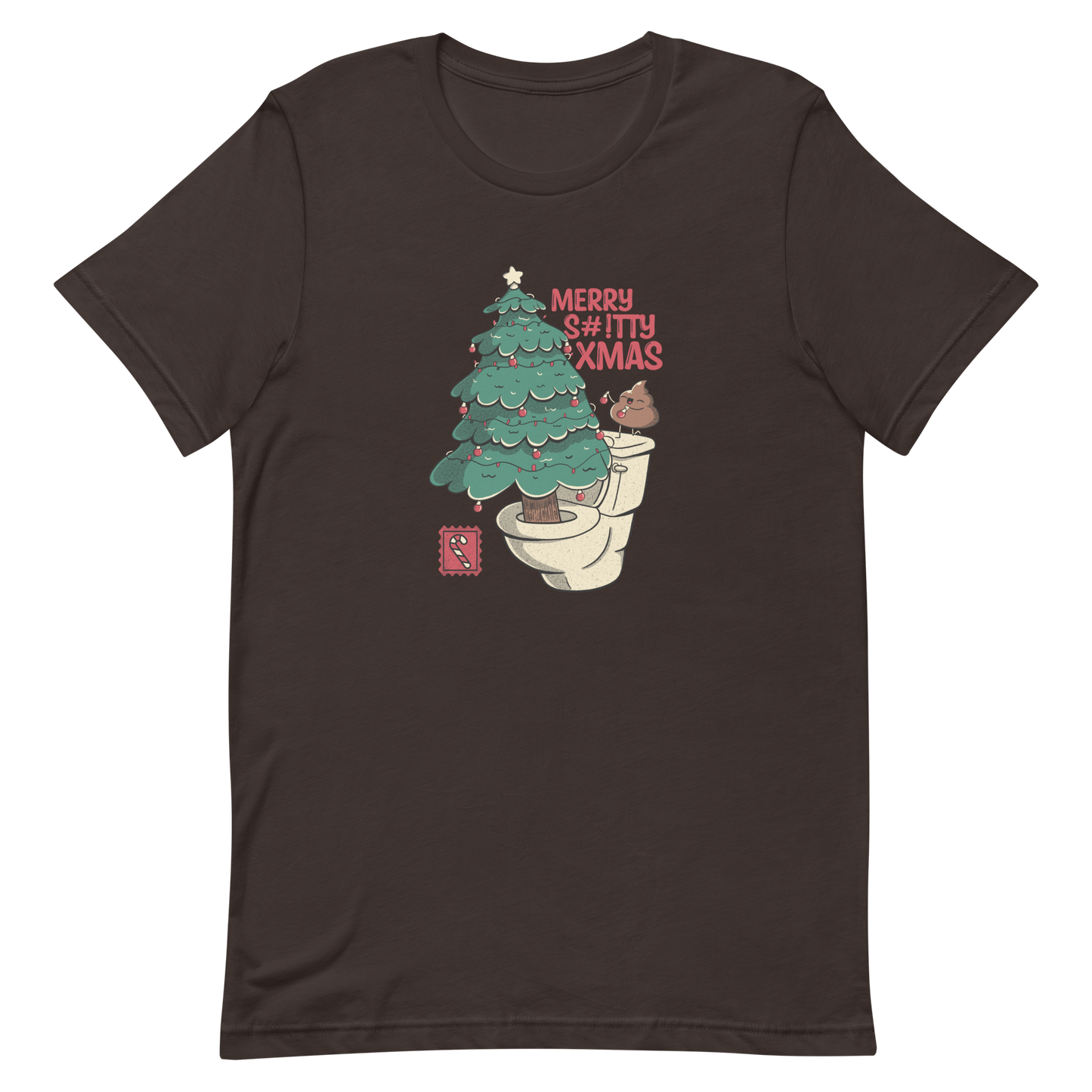 A toilet from which a Christmas tree is being decorated with Christmas decorations by a small poop, next to them the phrase "Merry Shitty Xmas". An art with a lot of humor for the Christmas mood.