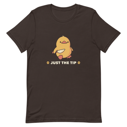 A duckling holds a shiny knife with a blank stare and above the phrase “Just the Tip”. This design mixes dark humor and cuteness in the most unexpected way. Perfect for those who love ducks, sarcastic jokes and edgy humor.