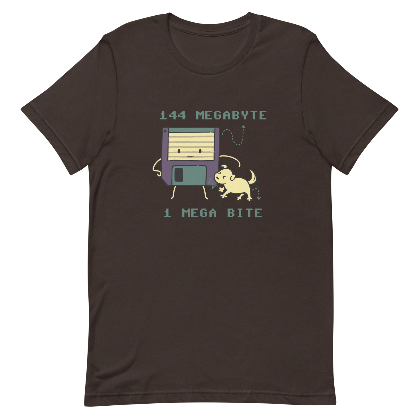 A cute floppy disk stands nervously while a little dog playfully bites its corner, with the text “144 Megabyte / 1 Mega Bite”. This clever pun mixes retro tech nostalgia with a dose of adorable chaos. Perfect for geeks, gamers and anyone who loves a good tech joke.