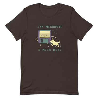 A cute floppy disk stands nervously while a little dog playfully bites its corner, with the text “144 Megabyte / 1 Mega Bite”. This clever pun mixes retro tech nostalgia with a dose of adorable chaos. Perfect for geeks, gamers and anyone who loves a good tech joke.