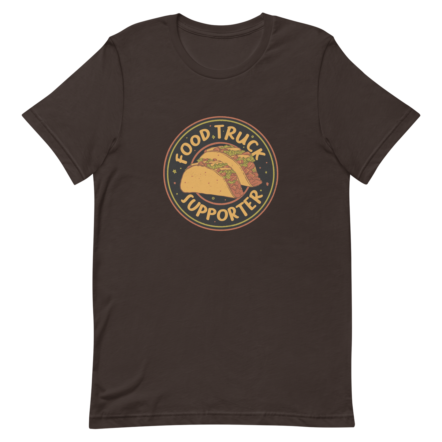 Two delicious tacos sit at the center of a bold circular badge under the phrase “Food Truck Supporter”. This design celebrates the love for street food and the joy of discovering amazing flavors on wheels. Perfect for foodies, taco lovers, and anyone who proudly supports their local food trucks.