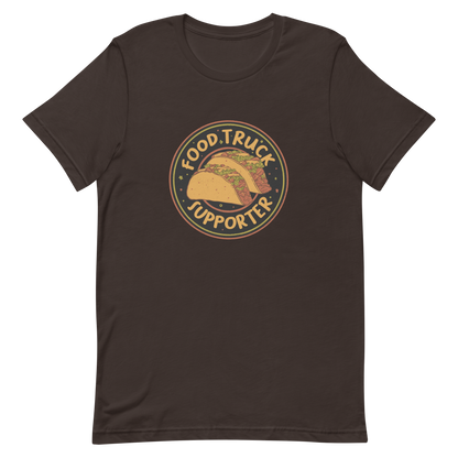 Two delicious tacos sit at the center of a bold circular badge under the phrase “Food Truck Supporter”. This design celebrates the love for street food and the joy of discovering amazing flavors on wheels. Perfect for foodies, taco lovers, and anyone who proudly supports their local food trucks.